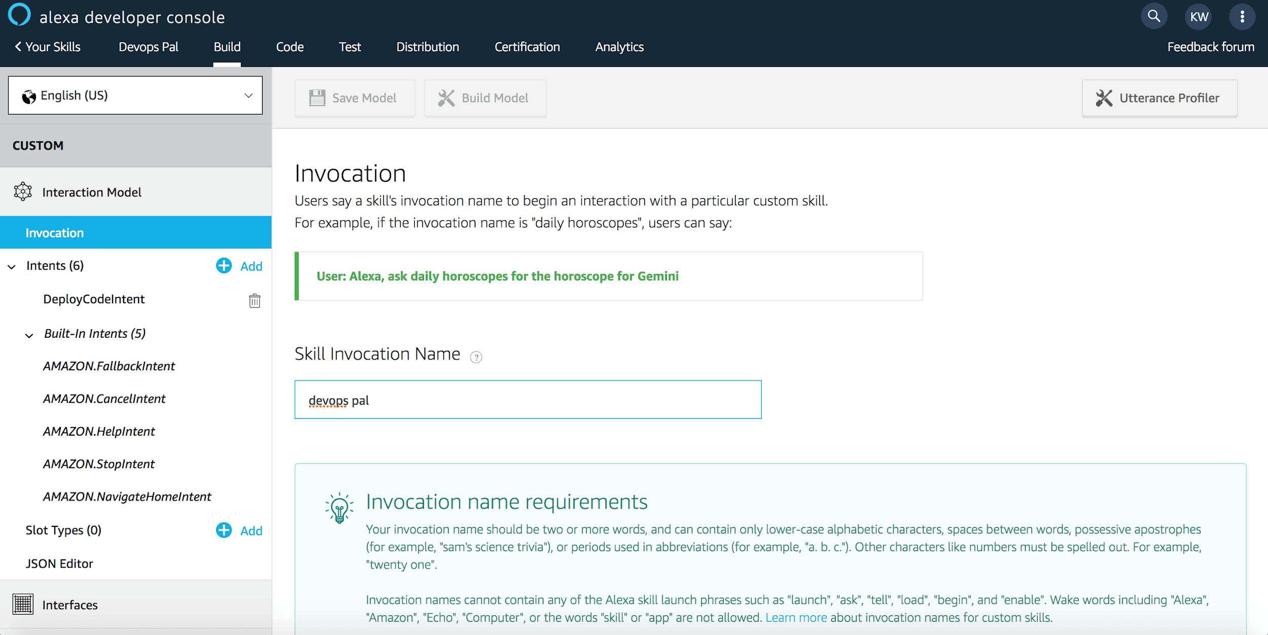 Invocation Name Setup Via Alexa Developer Console